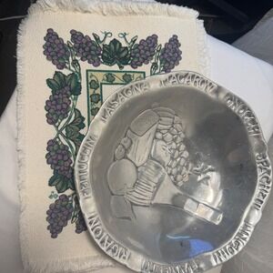Italian Rustic Pewter Pasta Bowl and Grape Placemats Set Silver Purple